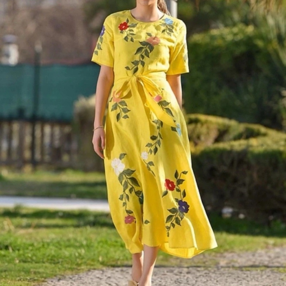 Fanm Mon Gloriosa Dress Sz XS Yellow Floral Embroidered Short Sleeve A-Line NWT - Picture 13 of 13